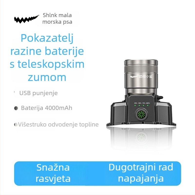 Little Shark LED čelna lampica (ručni pogon, punjiva, prilagodljiva, domet 50–100 m)