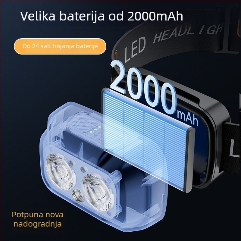 Čelna lampica s Li-ion baterijom 2000 mAh, 6W LED, za kampiranje i noćni ribolov, domet 50–100 m