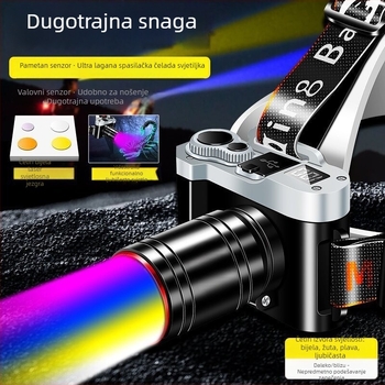 LED čelna svjetiljka s četiri LED za kampiranje i noćni ribolov, 20W, velika litij baterija, ručno pokretanje, domet do 500 m