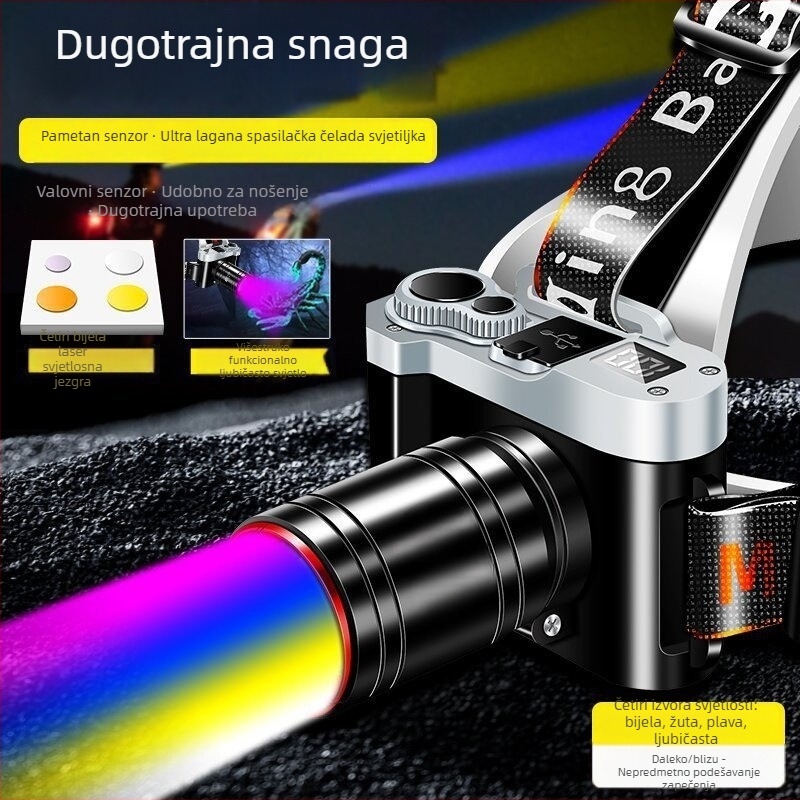 LED čelna svjetiljka s četiri LED za kampiranje i noćni ribolov, 20W, velika litij baterija, ručno pokretanje, domet do 500 m
