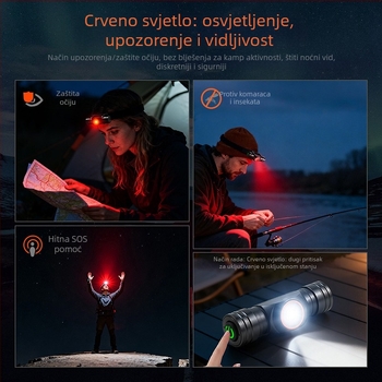 Vanjska čelna lampa za kampiranje: 3500mAh baterija, 10W LED, Type-C brzo punjenje, domet 100–200 m, dvostruki način osvjetljenja