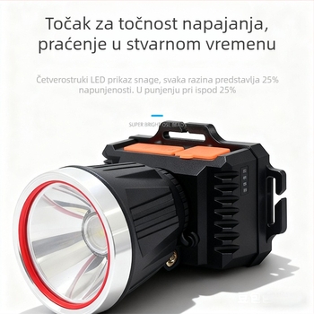 LED čelna lampa, punjiva baterija 2400 mAh, rotacija 360°, vodootporna, domet 100–200 m