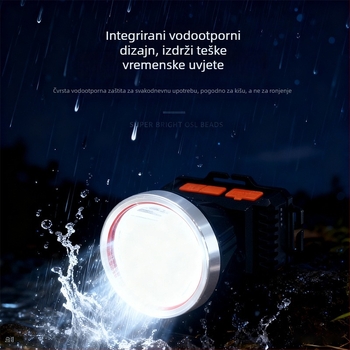 LED čelna lampa, punjiva baterija 2400 mAh, rotacija 360°, vodootporna, domet 100–200 m
