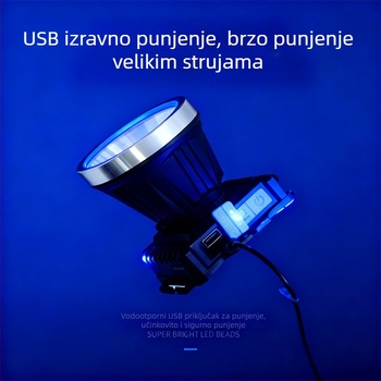 LED čelna lampa, punjiva baterija 2400 mAh, rotacija 360°, vodootporna, domet 100–200 m