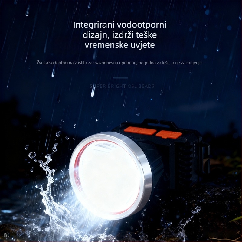 LED čelna lampa, punjiva baterija 2400 mAh, rotacija 360°, vodootporna, domet 100–200 m