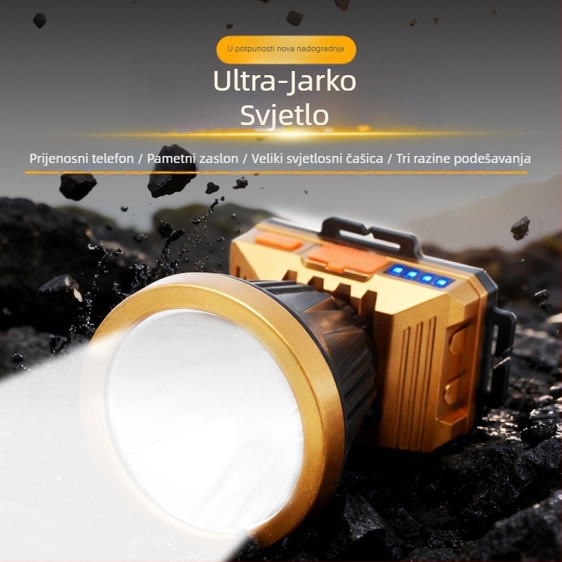LED čelna svjetiljka visoke snage, duga baterija, 360° okret, vodootporna, punjiva litijska baterija