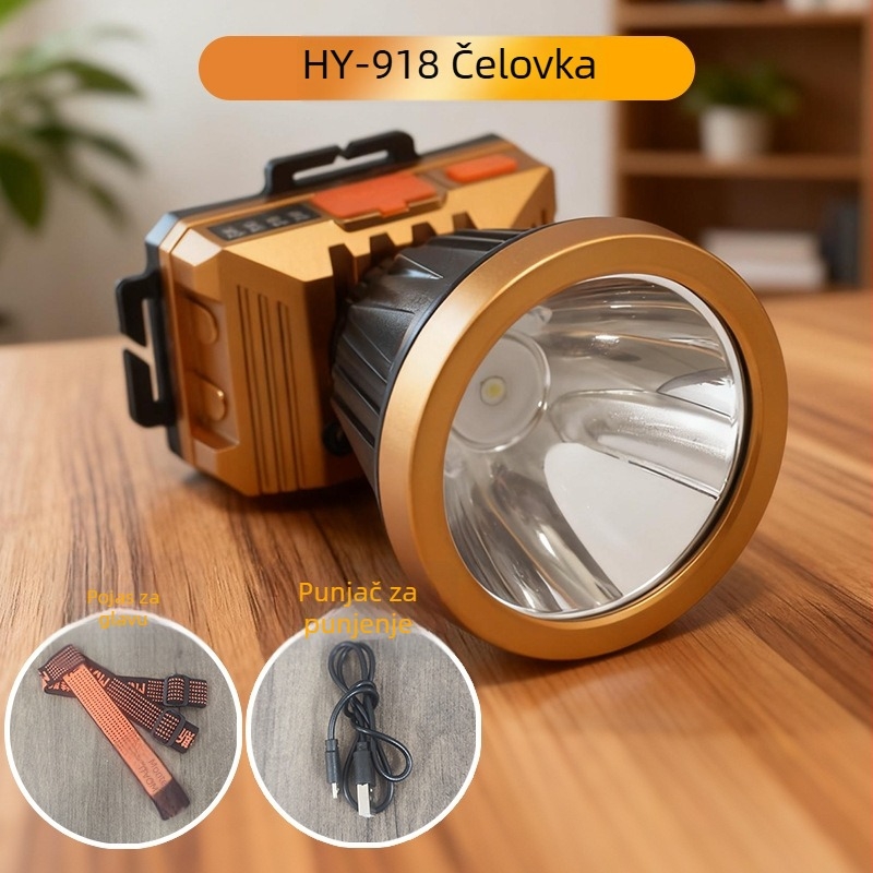 LED čelna svjetiljka visoke snage, duga baterija, 360° okret, vodootporna, punjiva litijska baterija