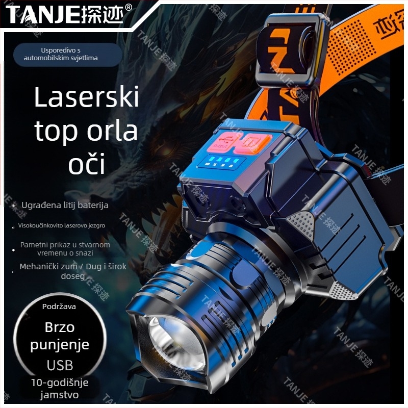 Punojiva LED čelna lampica s USB-C, 10W, vodootporna, 360° rotacija, za noćno pecanje i aktivnosti na otvorenom