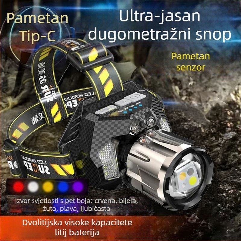 LED čelna svjetiljka, punjiva, ultra jaka, dug domet, senzor, 16 sati rada