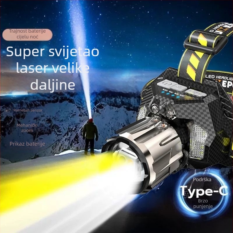 LED čelna svjetiljka, punjiva, ultra jaka, dug domet, senzor, 16 sati rada