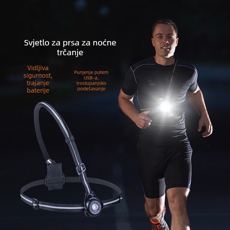 Vanjsko prsno svjetlo za trčanje i planinarenje: 2-razinsko podešavanje, USB punjenje, LED svjetlo, 360° rotacija, ručno pokretanje