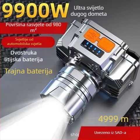 LED čelna svjetiljka, 10W LED, punjiva, vodootporna, domet 100–200 m