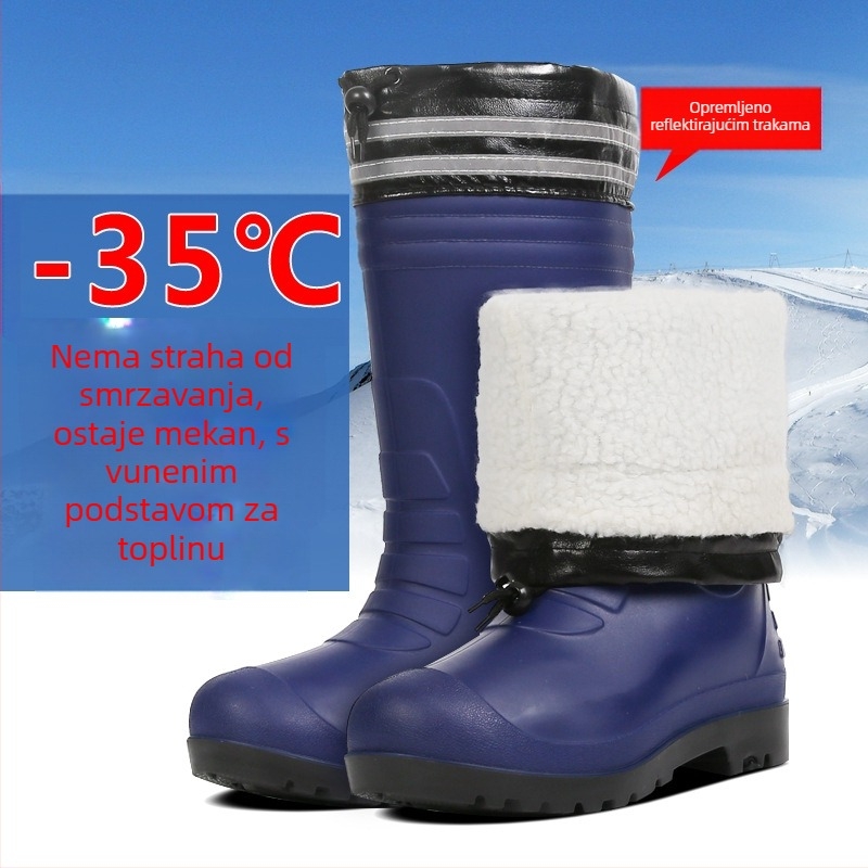 Muške kišne čizme od plastike, visoki gornji dio, topla umjetna vunena unutrašnjost, protuklizna potplat, zimska namjena
