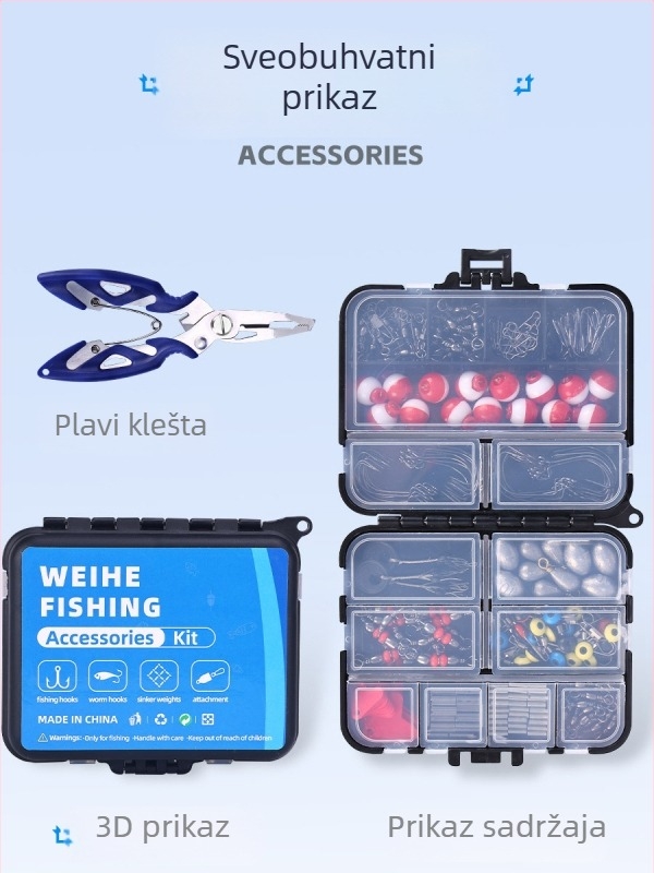 Wei i komplet opreme za ribolov, 265 komada, s kliještima, distančnim perlama, olovnim utegom, plovcima i mamcima (ABS plastika)