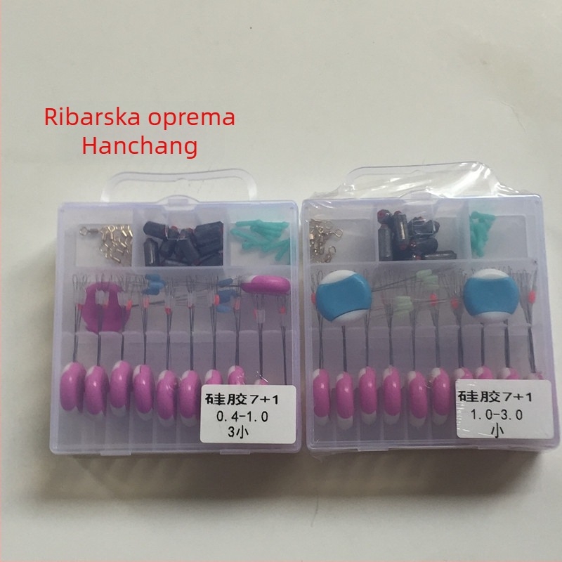 Set opreme za ribolov — Hanchang, silikon komponente, u prozirnoj cilindričnoj kutiji