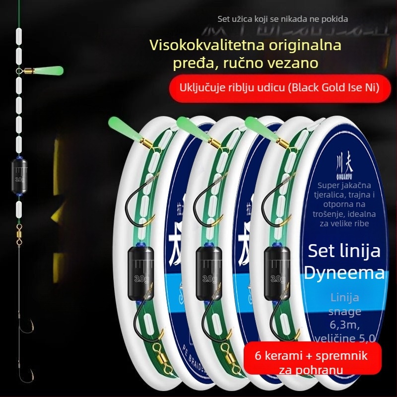 Izdržljiv set ribarske linije s unaprijed vezanim leaderom i dvostrukim udicama za ribolov na jezeru ili rezervoaru; materijal: PE žica