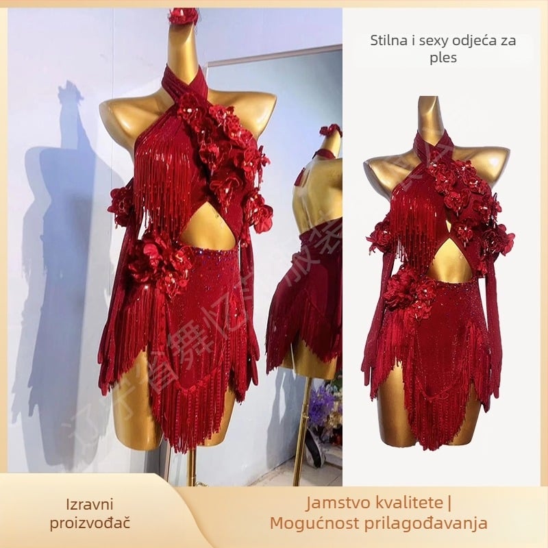 Ženska latinska plesna haljina s resicama — najlon 95%+, spandeks 90–95%, proljeće 2024, nacionalni standard plesa