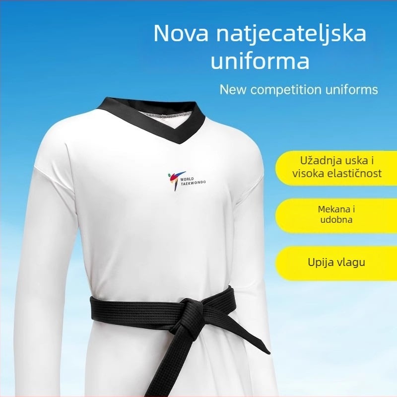 Kustomizirani taekwondo uniform s logom, visoka elastičnost, uski kroj, brzo sušenje, za muškarce, žene i djecu; Najlon 82% tkanina; Podstava od pamukasto-miješanog s 18% Spandex; brzo sušenje; Taekwondo; tolerancija 2 cm
