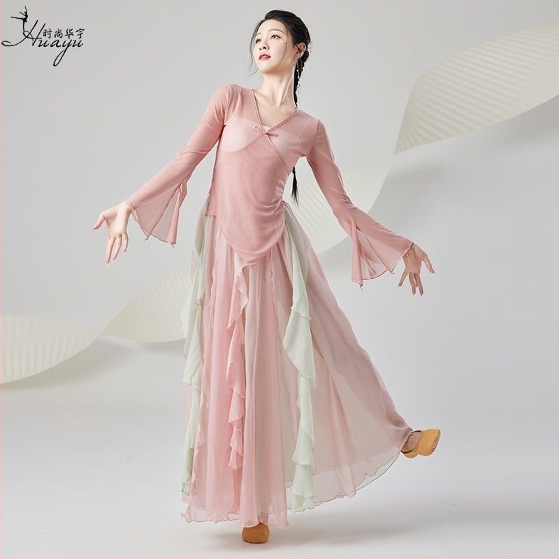 Ženski klasični kineski plesni kostim set – mrežasta + tencel tkanina, Spandex 50–70%, za belly dance izvedbu, proljeće 2025 izdanje