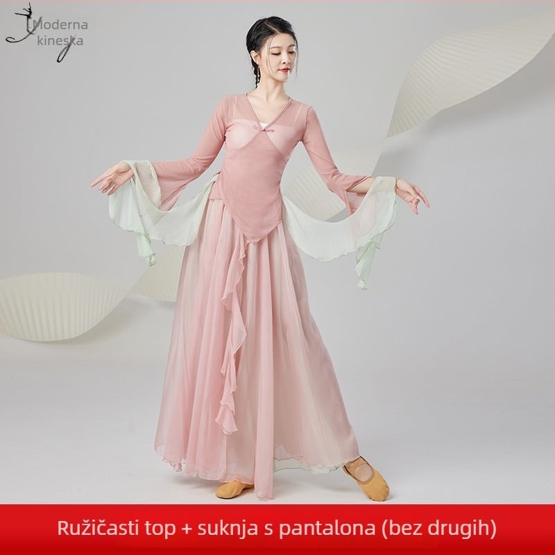 Ženski klasični kineski plesni kostim set – mrežasta + tencel tkanina, Spandex 50–70%, za belly dance izvedbu, proljeće 2025 izdanje