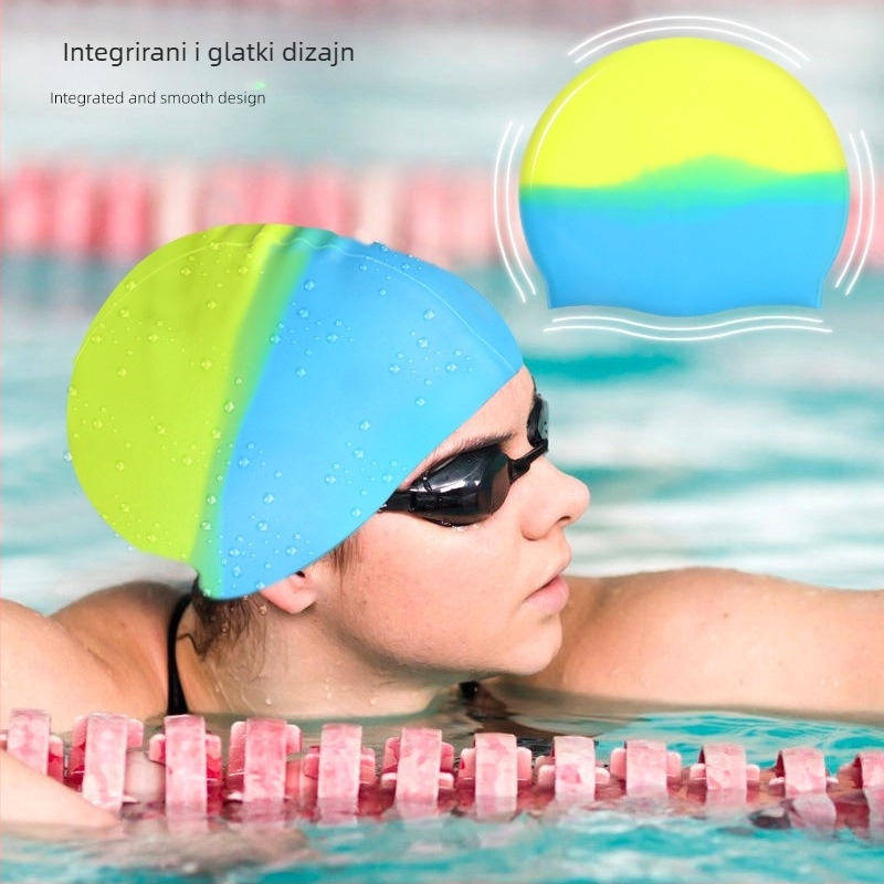 Silikonska kapa za plivanje za odrasle s blok dizajnom, vodootporna zaštita ušiju, unisex, za plivanje i vodne sportove