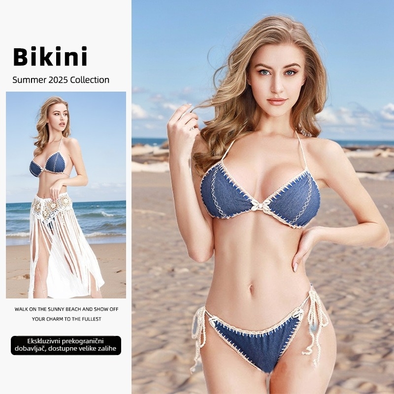 Ženski bikini s otvorenim leđima i razdvojenim dizajnom – sexy jednobojni uzorak, najlon smjesa 50%, pamucna podstava, 140 g