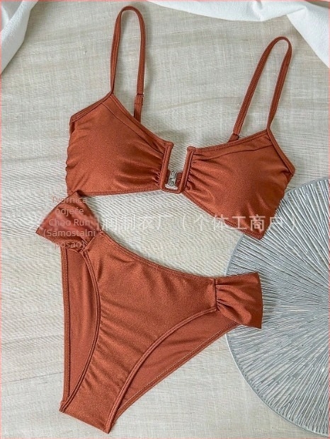 Bikini visokog struka s plisiranim dizajnom, bez naramenica, s umetkom za grudi, poliester