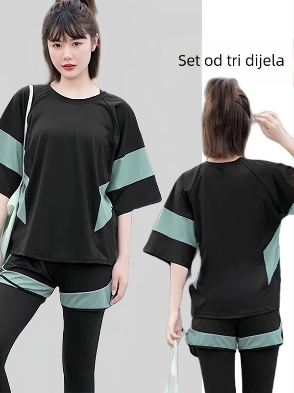Plus-size ženski kupaći kostim za sport, trodjelni set: gornji dio, donji dio i dugačke hlače, prekrivanje trbuha i mršavljenje, slobodan kroj