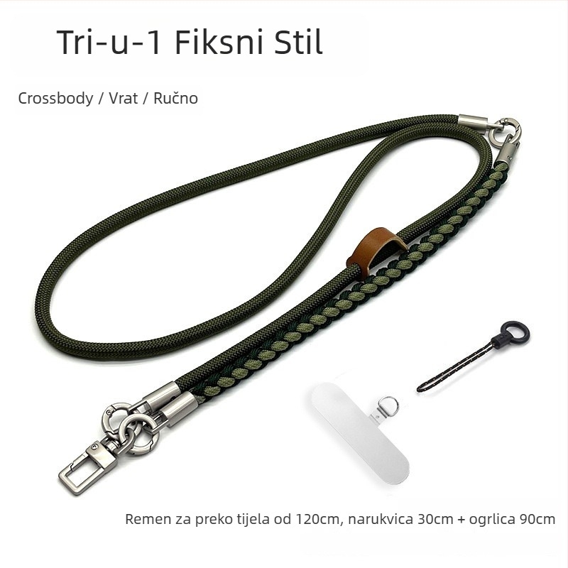 Troje u jednome kaiš za mobitel – nošenje preko tijela, ručno pleteni poliester konopac, podesivi kaiš za vrat, unisex dizajn