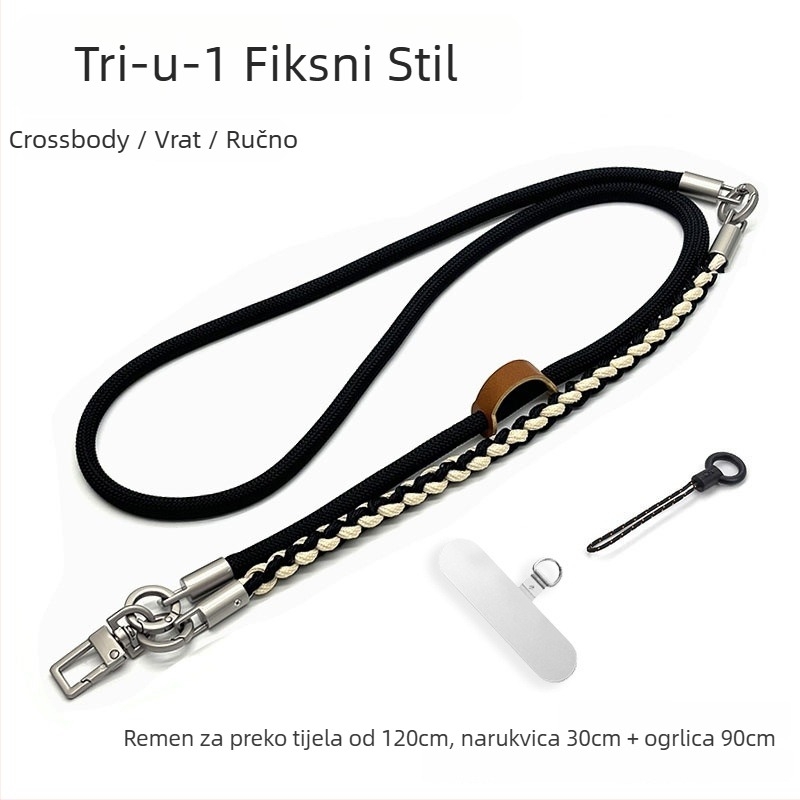 Troje u jednome kaiš za mobitel – nošenje preko tijela, ručno pleteni poliester konopac, podesivi kaiš za vrat, unisex dizajn