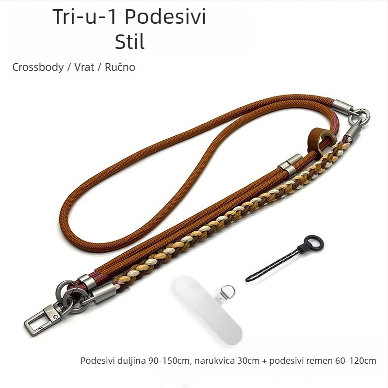 Troje u jednome kaiš za mobitel – nošenje preko tijela, ručno pleteni poliester konopac, podesivi kaiš za vrat, unisex dizajn