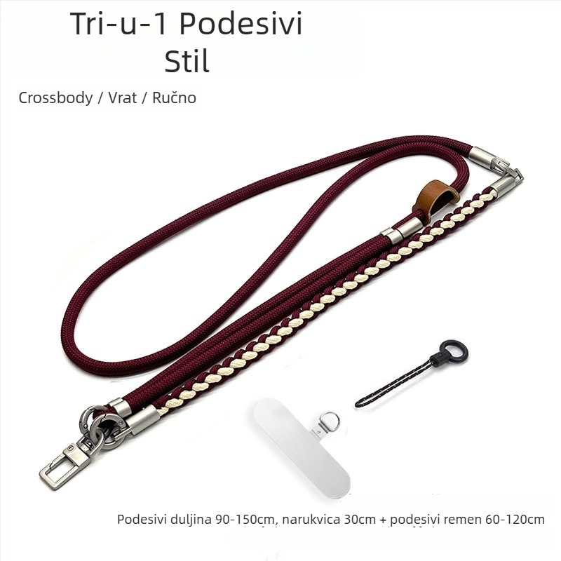 Troje u jednome kaiš za mobitel – nošenje preko tijela, ručno pleteni poliester konopac, podesivi kaiš za vrat, unisex dizajn