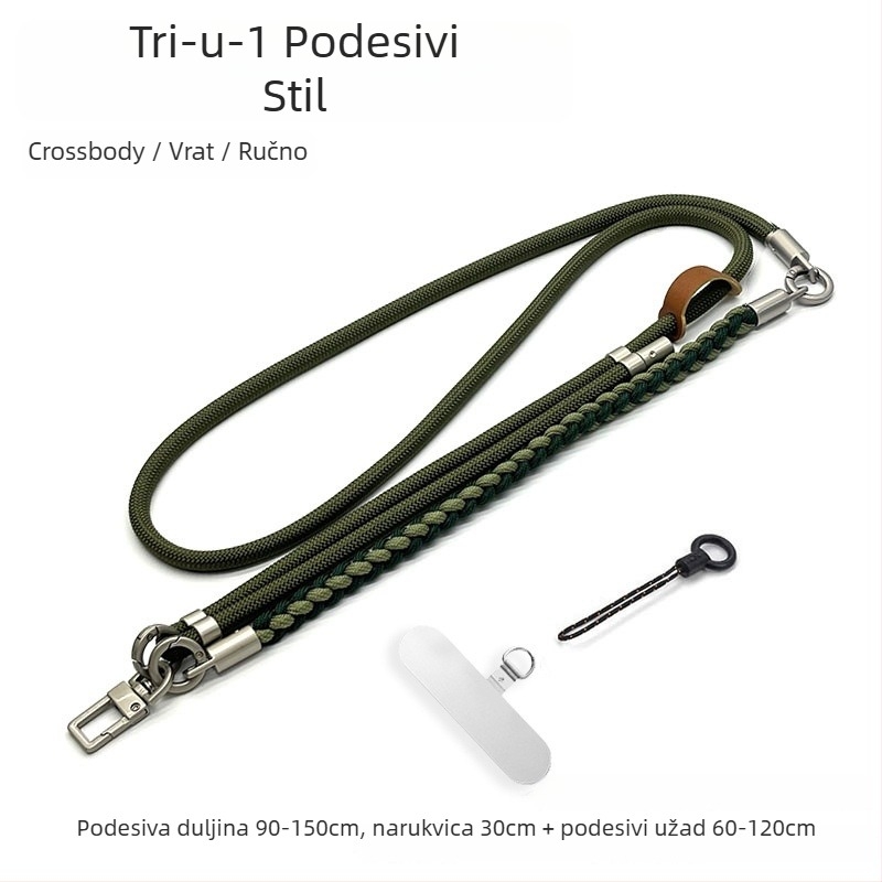 Troje u jednome kaiš za mobitel – nošenje preko tijela, ručno pleteni poliester konopac, podesivi kaiš za vrat, unisex dizajn