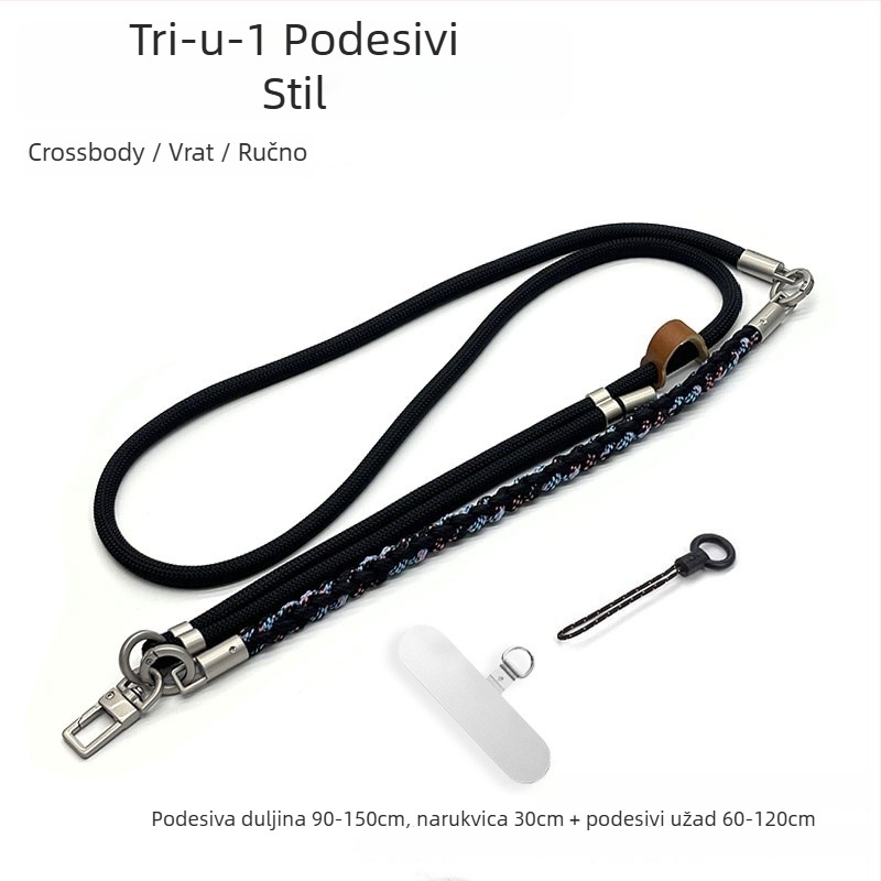 Troje u jednome kaiš za mobitel – nošenje preko tijela, ručno pleteni poliester konopac, podesivi kaiš za vrat, unisex dizajn
