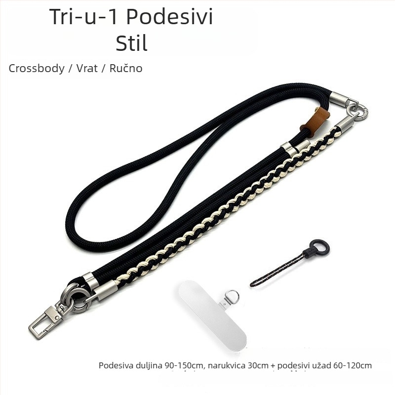 Troje u jednome kaiš za mobitel – nošenje preko tijela, ručno pleteni poliester konopac, podesivi kaiš za vrat, unisex dizajn