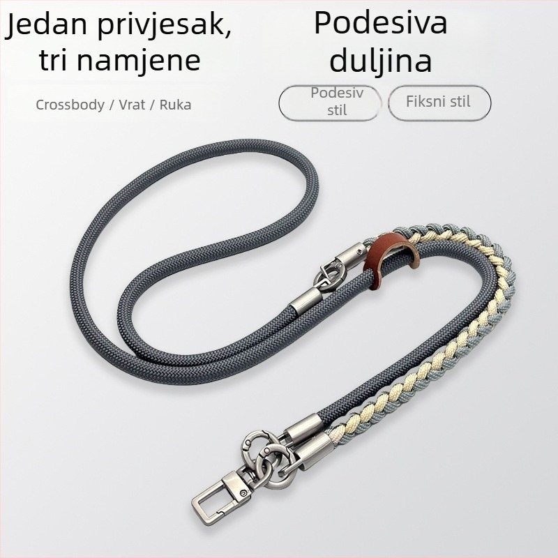 Troje u jedan lanyard za mobitel, ručno pleteni poliester šnir, podesiv oko vrata, metalna kopča, unisex