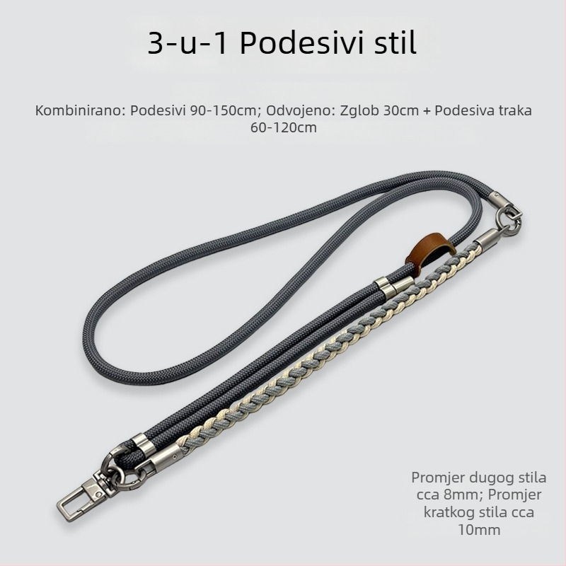 Troje u jedan lanyard za mobitel, ručno pleteni poliester šnir, podesiv oko vrata, metalna kopča, unisex