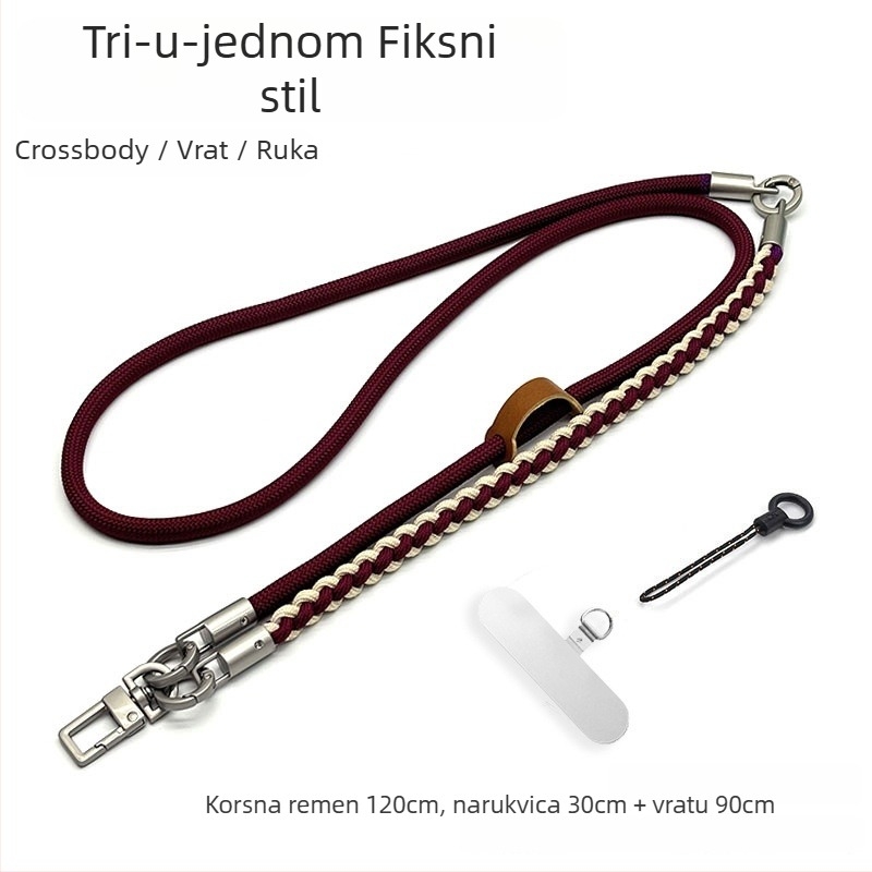 Troje u jedan lanyard za mobitel, ručno pleteni poliester šnir, podesiv oko vrata, metalna kopča, unisex