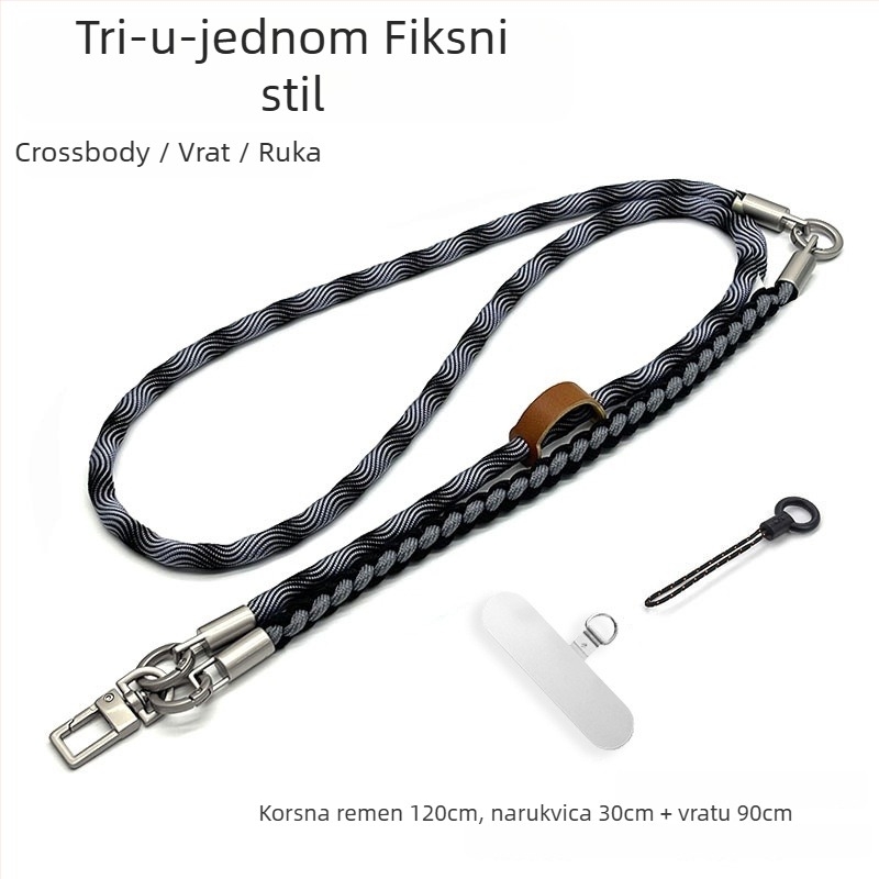 Troje u jedan lanyard za mobitel, ručno pleteni poliester šnir, podesiv oko vrata, metalna kopča, unisex