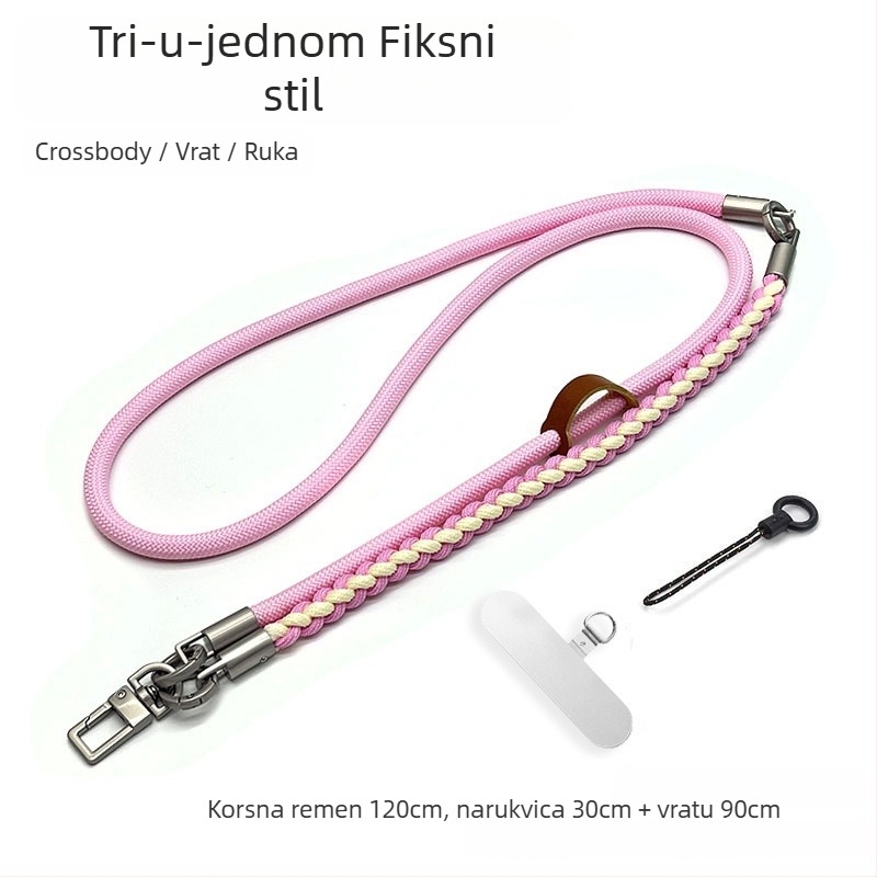 Troje u jedan lanyard za mobitel, ručno pleteni poliester šnir, podesiv oko vrata, metalna kopča, unisex