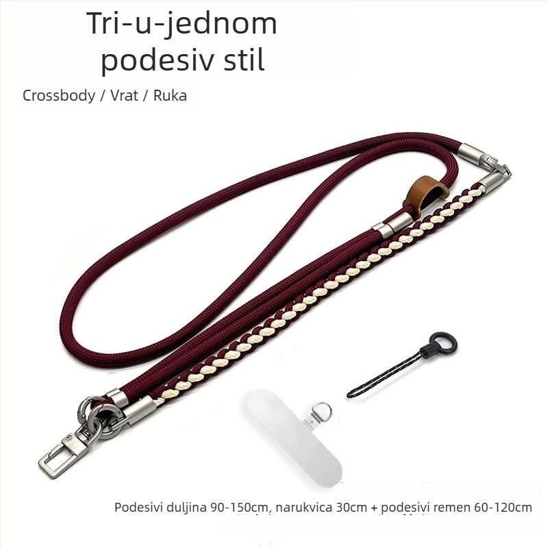 Troje u jedan lanyard za mobitel, ručno pleteni poliester šnir, podesiv oko vrata, metalna kopča, unisex