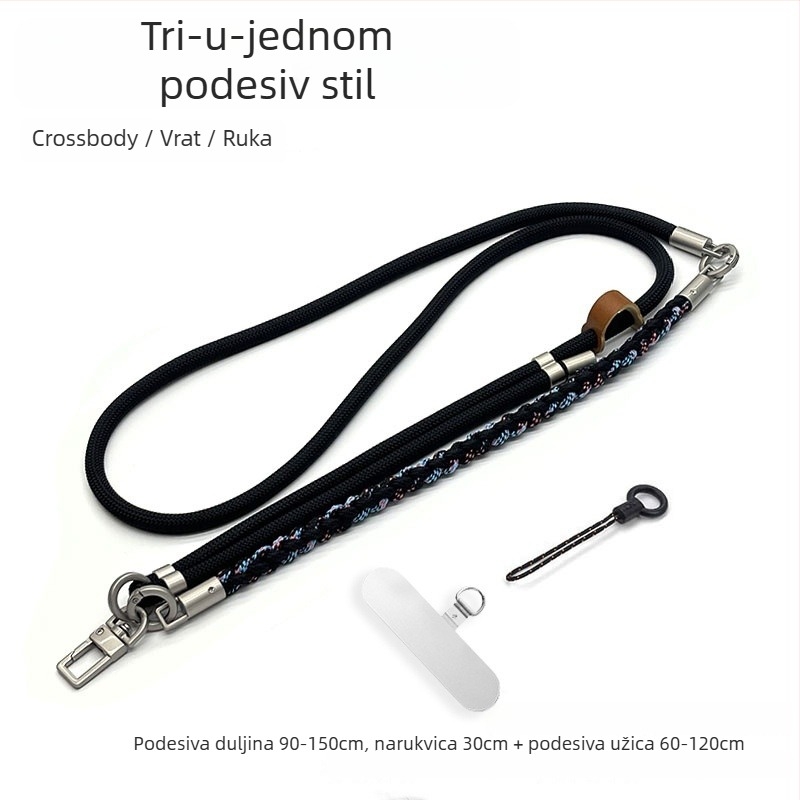 Troje u jedan lanyard za mobitel, ručno pleteni poliester šnir, podesiv oko vrata, metalna kopča, unisex