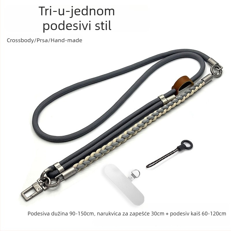 3-u-1 lančić za telefon, ručno pleteni poliester konopac, Cross-Body dizajn, podesivi vrat, unisex stil, metalna kopča, moguć ispis logotipa