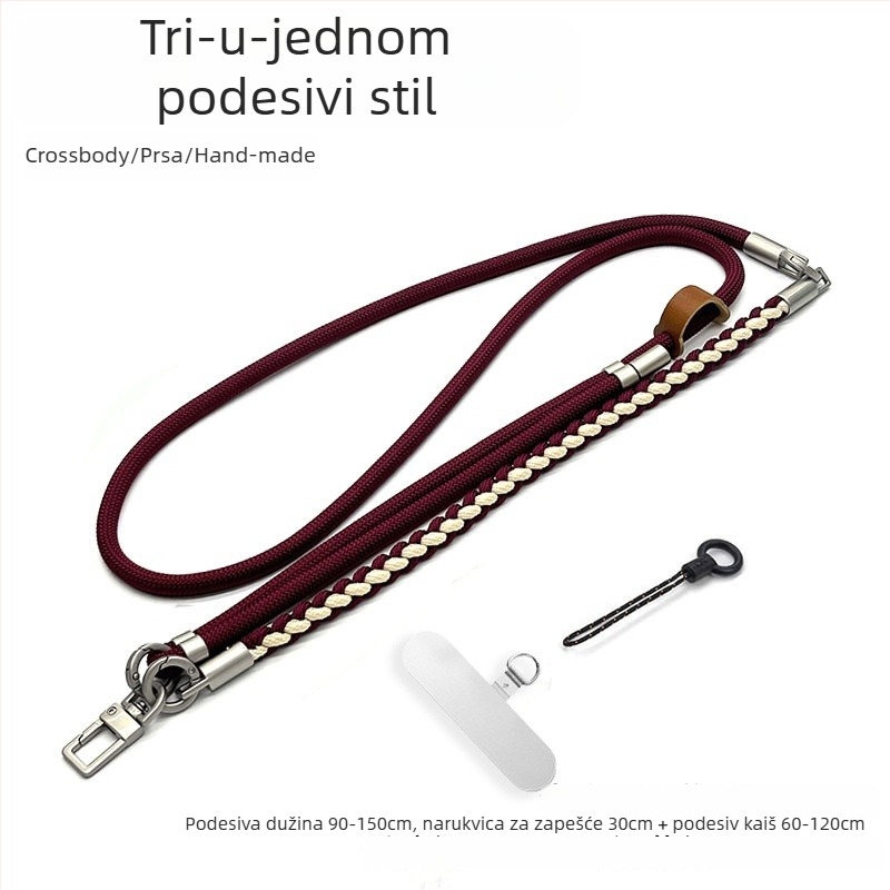 3-u-1 lančić za telefon, ručno pleteni poliester konopac, Cross-Body dizajn, podesivi vrat, unisex stil, metalna kopča, moguć ispis logotipa