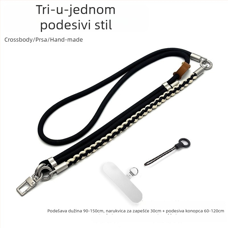 3-u-1 lančić za telefon, ručno pleteni poliester konopac, Cross-Body dizajn, podesivi vrat, unisex stil, metalna kopča, moguć ispis logotipa