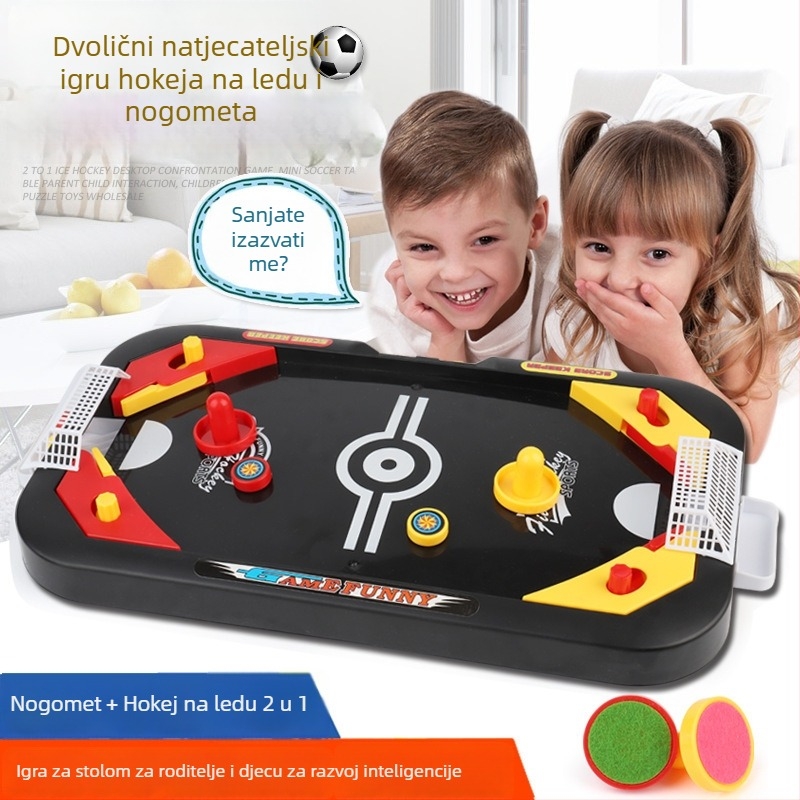 Stolna igra za dva igrača: hokej na stolu, mini curling i stolni nogomet, plastična konstrukcija, za djecu od 0 do 6 godina.