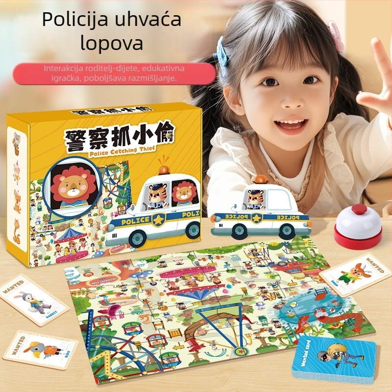 Policijska tematska društvena igra za dva igrača s karticama, papirnata podloga, trening mozga, interakcija roditelj-dijete, za djecu 4–14 godina.