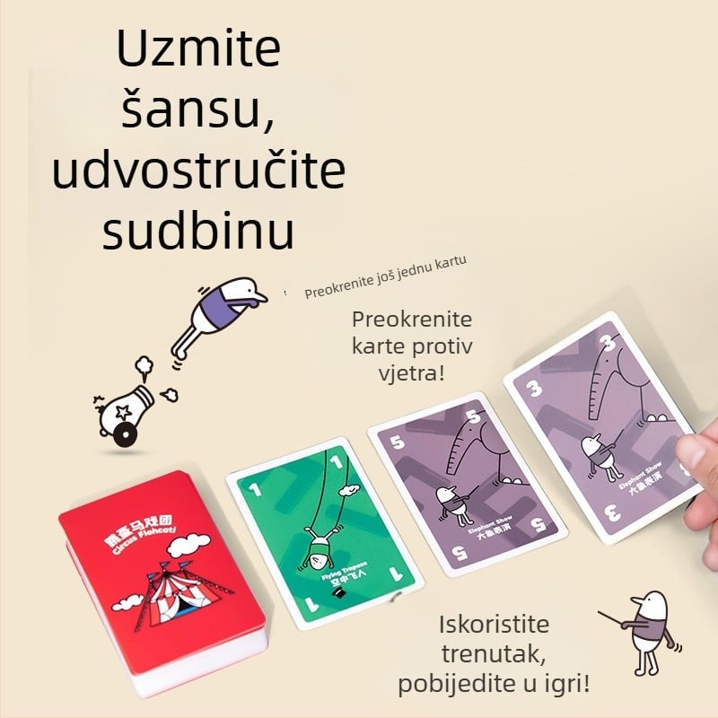 Flea Circus društvena igra s kartama — prijenosna džepna verzija za obiteljsku zabavu, papirnate kartice; potiče interakciju roditelj-dijete; uzrast 4–14 godina.