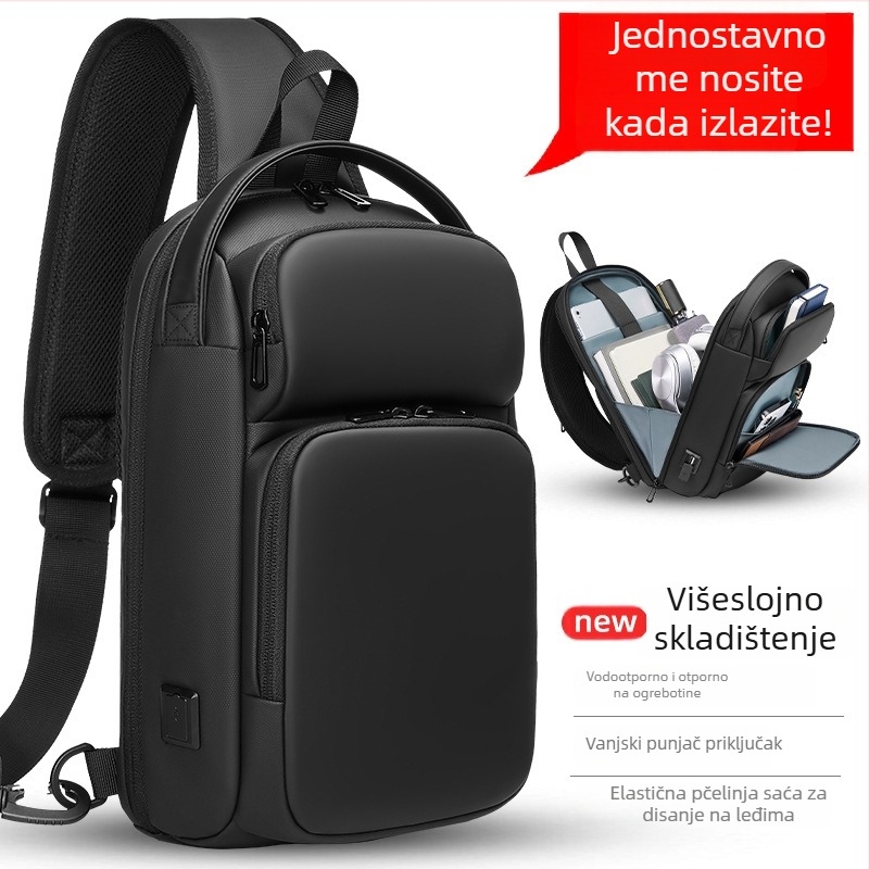 Muška prsna torba, PU materijal, USB sučelje, vodootporna, ultra lagana, poliester podstava
