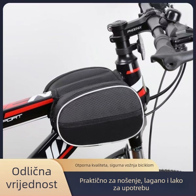Višedjelna torba za bicikl: prednja okvir torba, torba na gornju cijev, torba za sjedalo, pretinac za alate za popravak i pretinac za telefon; bez podstavke